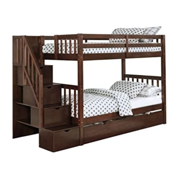 Linon Walnut Twin Kieko Stairway Bunk Bed With Hidden Storage Compartments For Discount