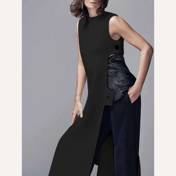 Fashion Plain Crew Neck Sleeveless Button Slit Dress Sexy Vintage Casual Chic Summer Slim Single Button High Street Long Dress Discount - Image 4