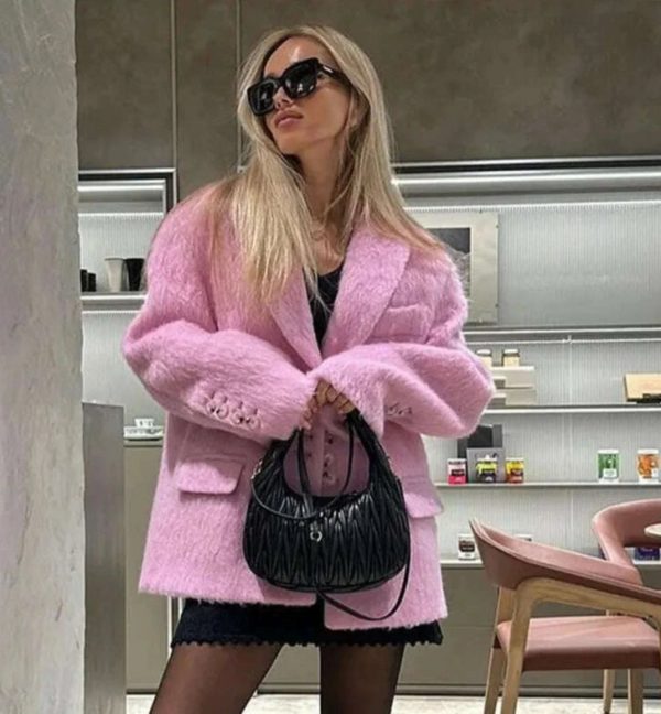 Lapel Woolen Plush Pink Coats For Women Loose Long Sleeve Single Breasted Oversized Jacket Autumn Winter Female Short Coat Hot on Sale - Image 4