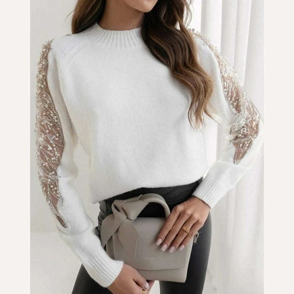 Women s Sweater Autumn Fashion Contrast Sequin Beaded Sheer Mesh Patch Casual Mock Neck Long Sleeve Daily Pullover Knit Sweater Cheap - Image 5