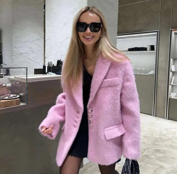 Lapel Woolen Plush Pink Coats For Women Loose Long Sleeve Single Breasted Oversized Jacket Autumn Winter Female Short Coat Hot on Sale - Image 2