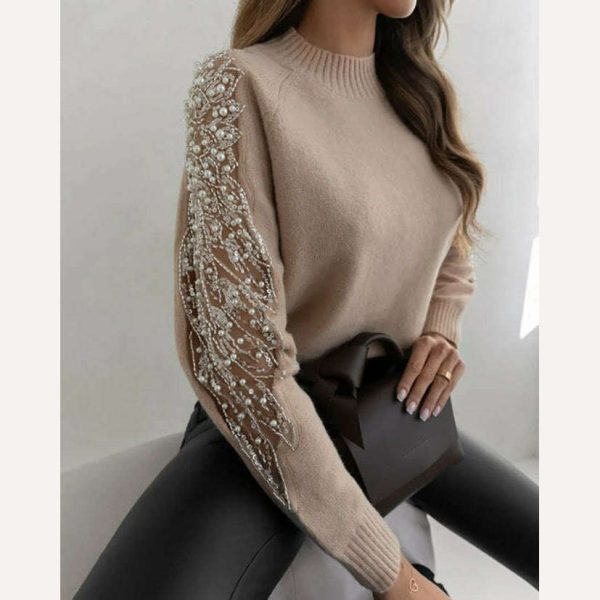 Women s Sweater Autumn Fashion Contrast Sequin Beaded Sheer Mesh Patch Casual Mock Neck Long Sleeve Daily Pullover Knit Sweater Cheap