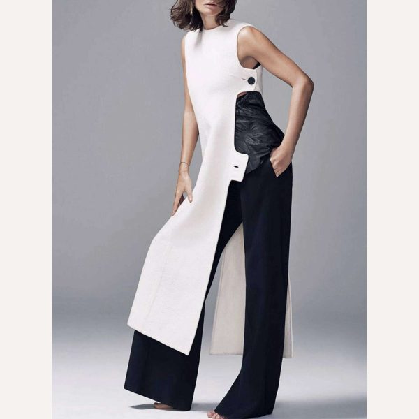 Fashion Plain Crew Neck Sleeveless Button Slit Dress Sexy Vintage Casual Chic Summer Slim Single Button High Street Long Dress Discount