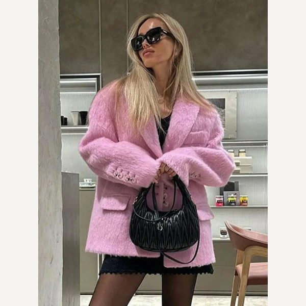Lapel Woolen Plush Pink Coats For Women Loose Long Sleeve Single Breasted Oversized Jacket Autumn Winter Female Short Coat Hot on Sale - Image 3